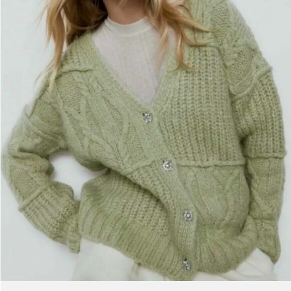 Zara Rhinestone Button Patchwork Cardigan - Picture 1 of 8